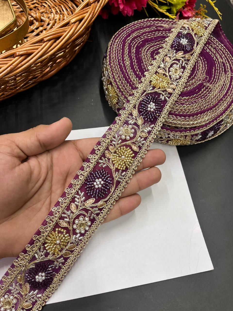 Beaded Bridal Laces Collection – Premium Maggam Work Designer Borders for Sarees, Lehengas & Dupattas (9 Meter, 2 Inch Width) | Wine