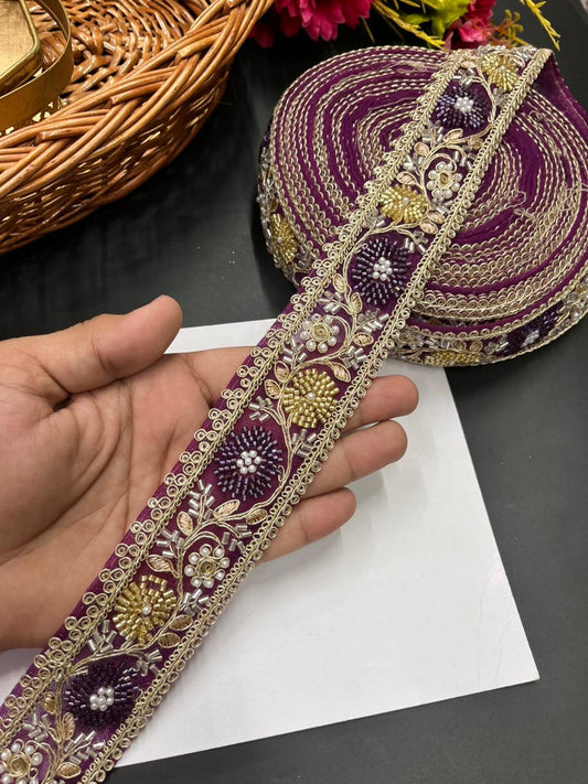 Beaded Bridal Laces Collection – Premium Maggam Work Designer Borders for Sarees, Lehengas & Dupattas (9 Meter, 2 Inch Width) | Wine