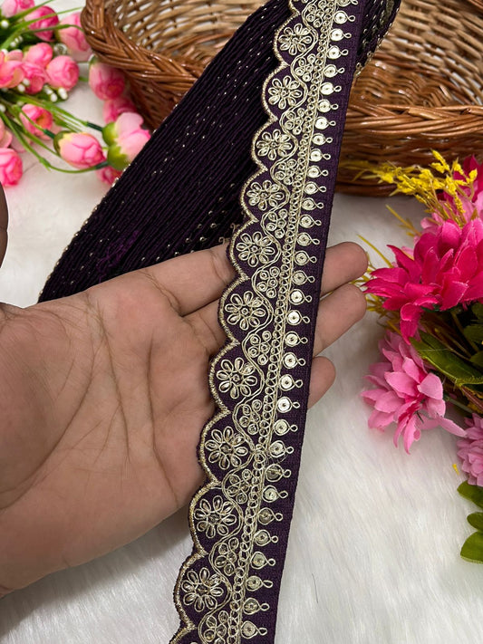 Embroidered Designer Lace – Indian Wedding Trims, Saree Border, 1.5 Inch Wide Lace Reel (9 Mtr) | Wine