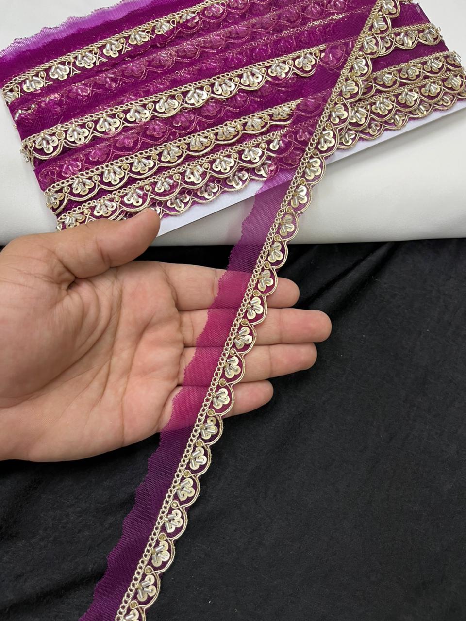 Scalloped Cutdana Work Lace for Sarees & Dupattas – Designer Maggam Work Lace Border (Half Inch) | Wine