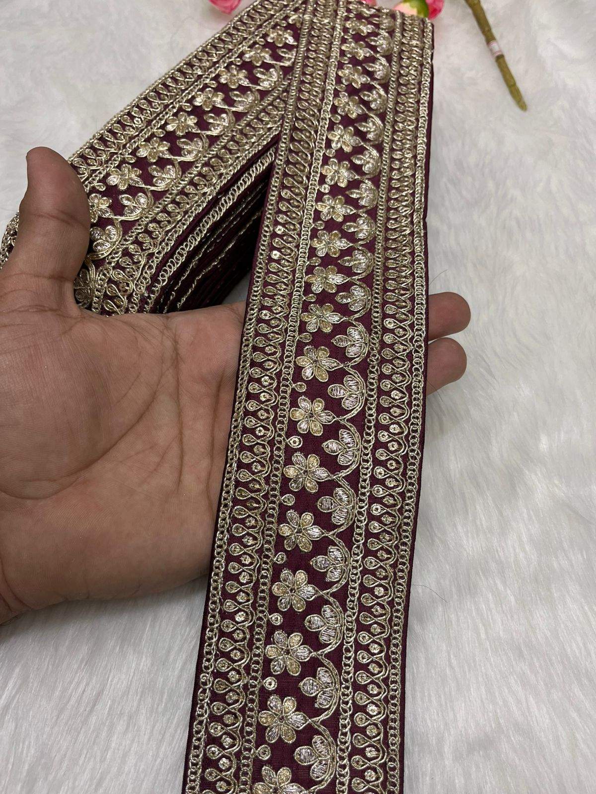 Elegant Embroidered Designer Lace Border – 9 Meter Roll, 2.5 Inch Wide for Sarees, Dresses, and Crafts | Wine
