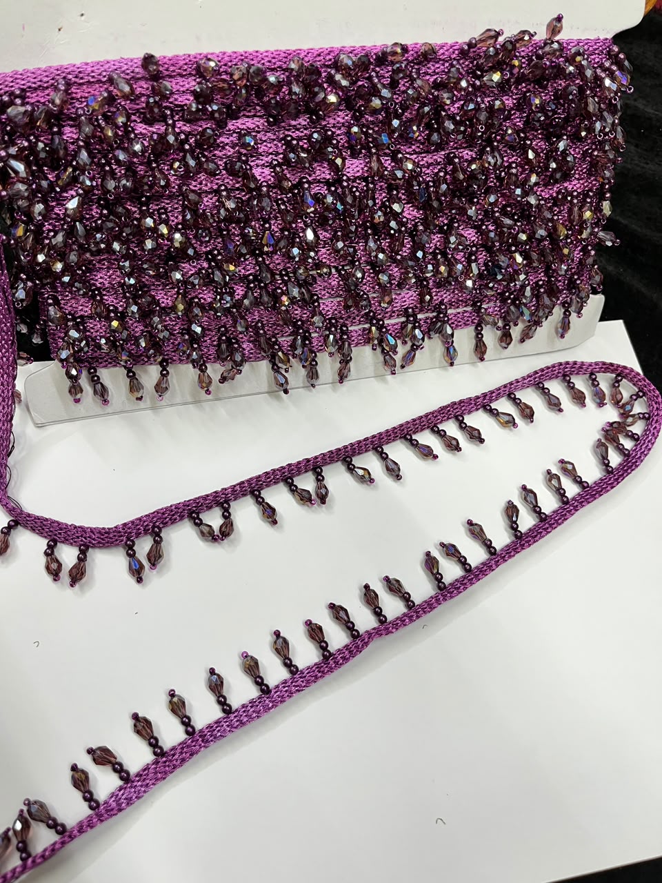 Crystal Drop Latkan Lace for Dupattas, Blouses, Sarees & Lehengas – Designer Hanging Crystal Lace Border (1 Inch) | DC1047 | Wine