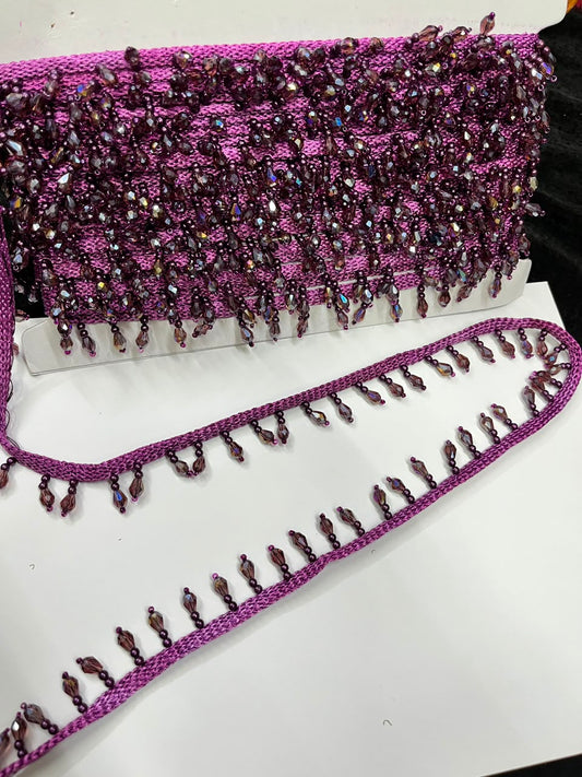 Crystal Drop Latkan Lace for Dupattas, Blouses, Sarees & Lehengas – Designer Hanging Crystal Lace Border (1 Inch) | DC1047 | Wine