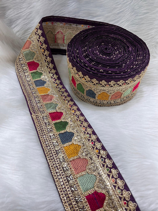Sabyasachi Inspired Embroidery Lace Borders – 9 Meters, 3-Inch Width, Handcrafted Elegance | Wine