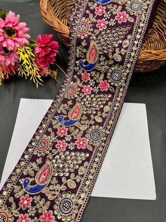 Peacock Face Bridal Lehenga Borders – Heavy Designer Embroidered Trim for Bridal Lehengas, Dupattas & Sarees (9 Meter, 5.5 Inch Width) | Wine