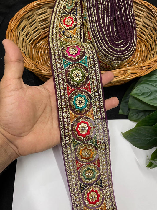 Multicolored Sabyasachi Inspired Saree Laces – 9 Meters, 3-Inch Designer Embroidered Border for Sarees, Lehengas & Dupattas | Wine