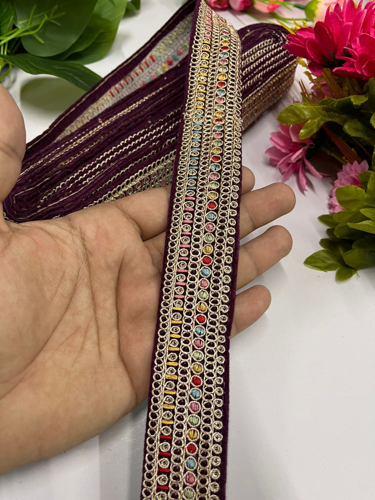 Velvet Embroidered Lace Trim | Saree Border | Craft Velvet Fabric Lace (9 Mtr) | Wine