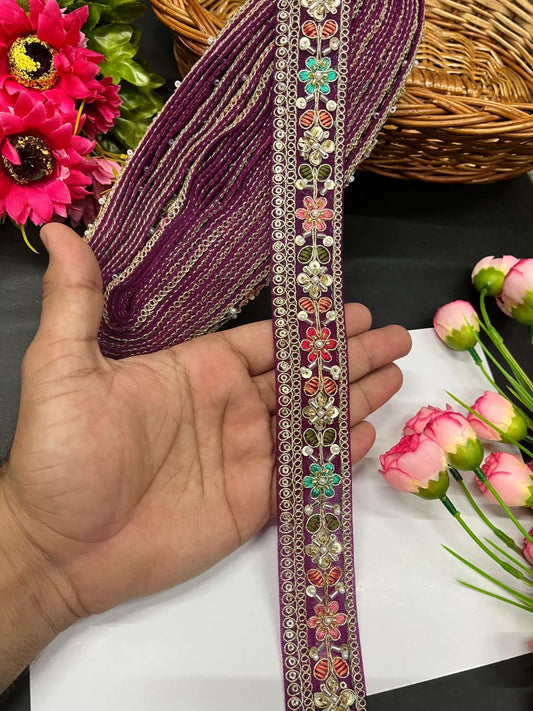 Beautiful Multicoloured Cutdana Beaded Saree Lace & Dupatta Lace – Premium Maggam Work Border Trim (9 Meter, 1.5 Inch Width) | Wine