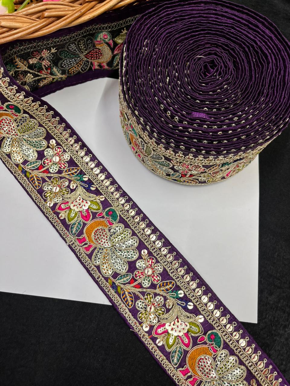 Peacock Design Sequins Work Embroidered Lace Designs – Premium Designer Embroidered Lace | Wine