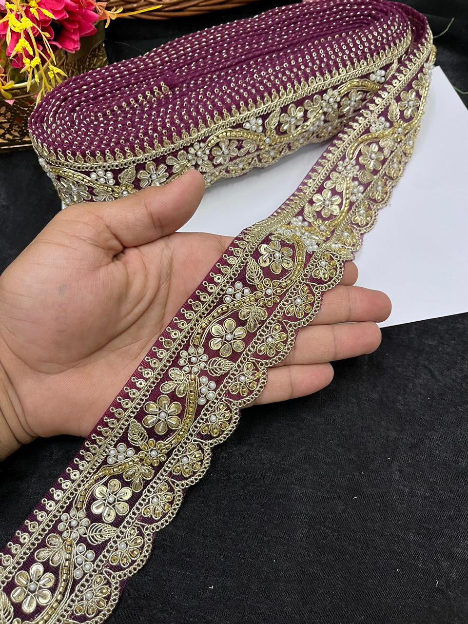 Designer Maggam Work Saree Border on Net Fabric – Handcrafted Embroidered Lace for Sarees, Blouses & Lehengas (2 Inch) | Wine