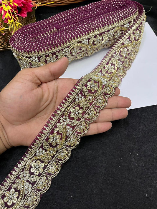 Designer Maggam Work Saree Border on Net Fabric – Handcrafted Embroidered Lace for Sarees, Blouses & Lehengas (2 Inch) | Wine
