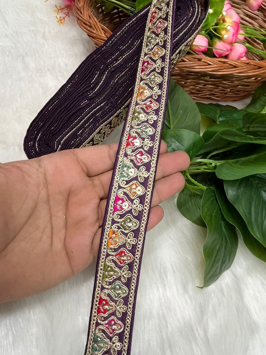 Sabyasachi-Inspired Embroidered Designer Lace Border – 9 Meter Roll, 1 Inch Wide for Ethnic & Creative Projects | Wine