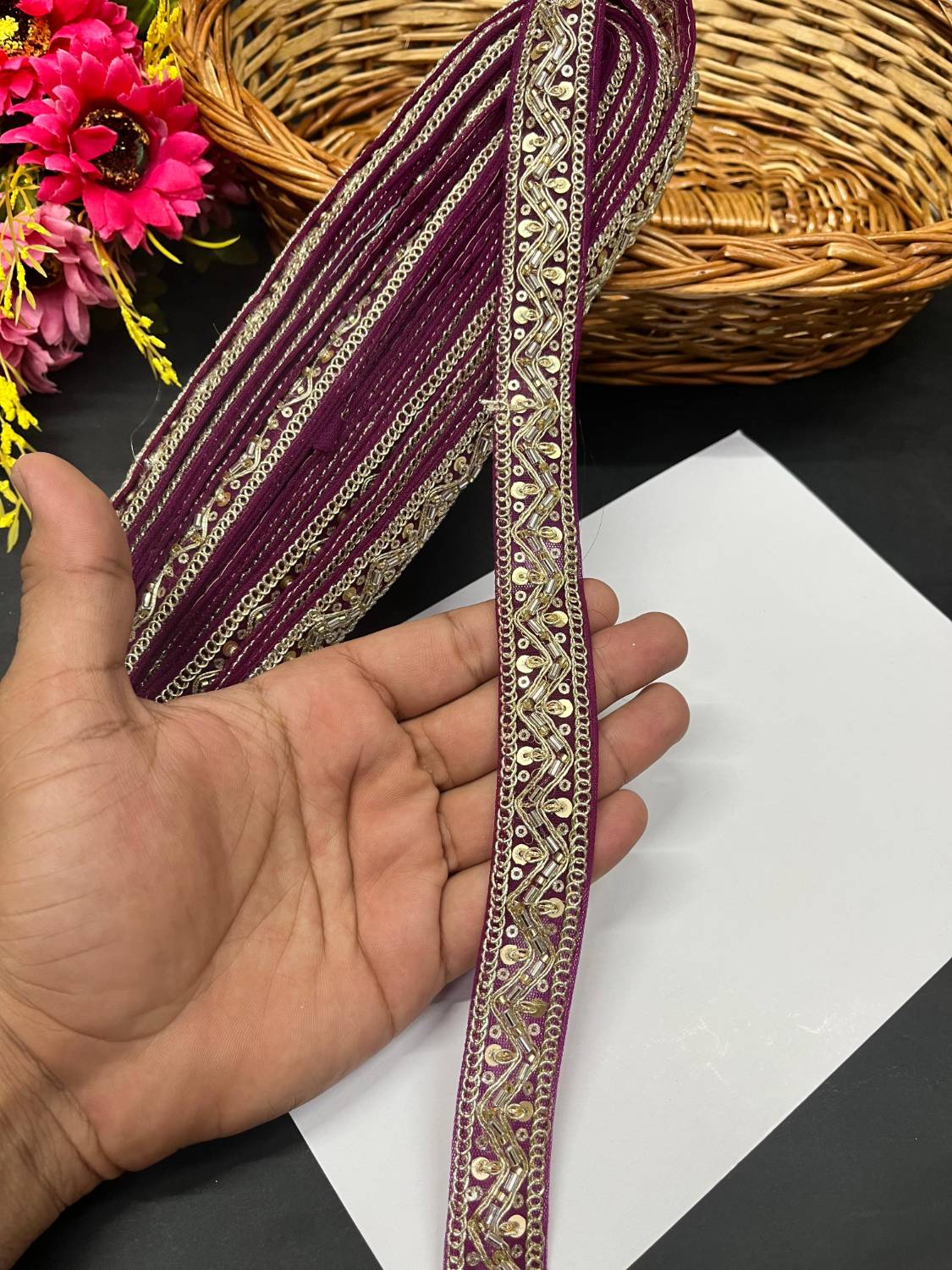 Beautiful Maggam Work Lace for Sarees – Decorative Maggam Work Lace (9 mtr, 1 inch) | Wine