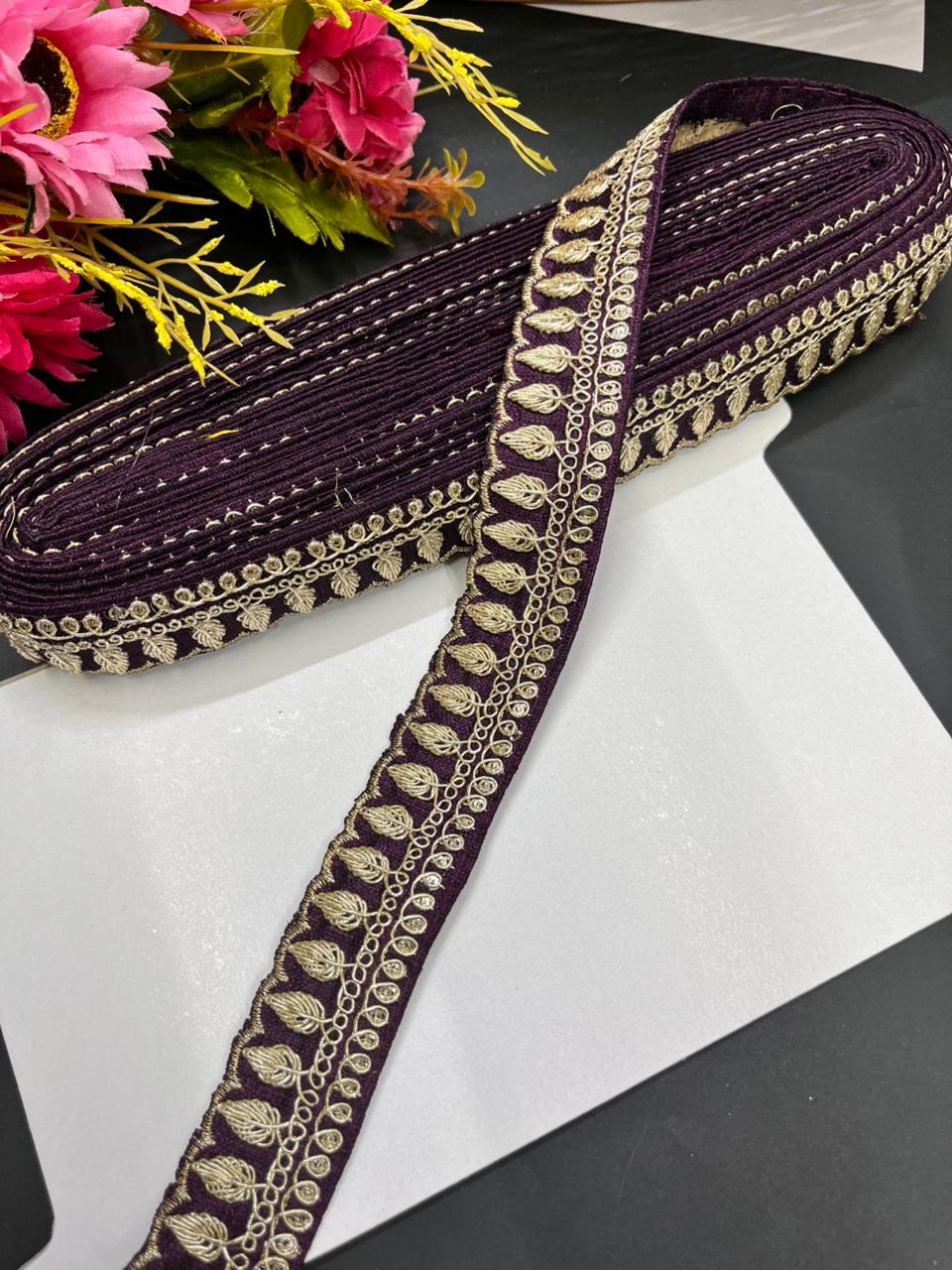 Embroidered Zari Lace Border for Saree, Lehenga & Craft Projects – Designer 1 Inch Embroidery Lace for Ethnic Wear (9 Meter) | Wine
