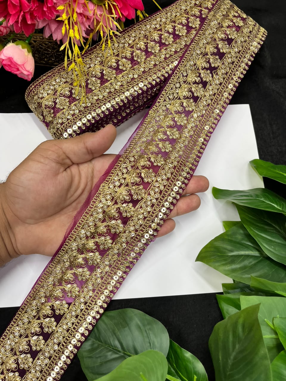 Golden Zari Embroidered Lace for Sarees, Lehengas & Dupattas – Premium Designer Embroidered Lace Border for Boutique Owners & Fashion Designers (3 Inch) | Wine