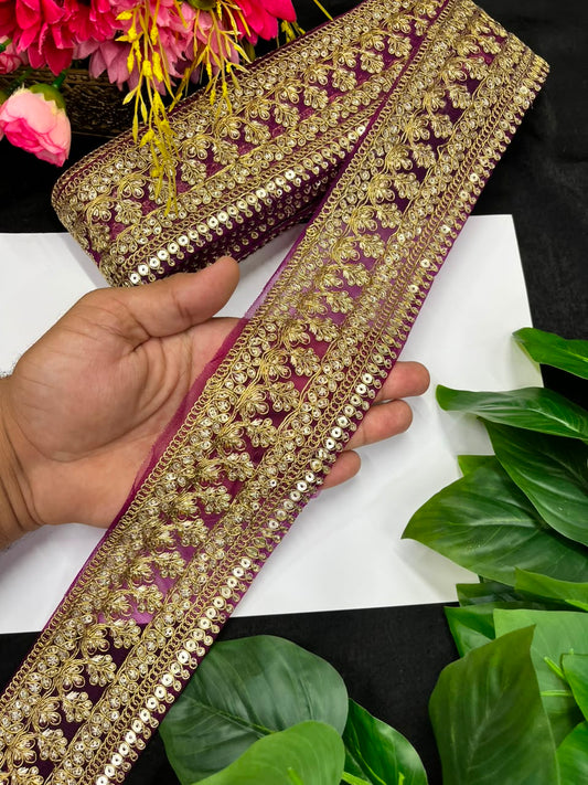 Golden Zari Embroidered Lace for Sarees, Lehengas & Dupattas – Premium Designer Embroidered Lace Border for Boutique Owners & Fashion Designers (3 Inch) | Wine