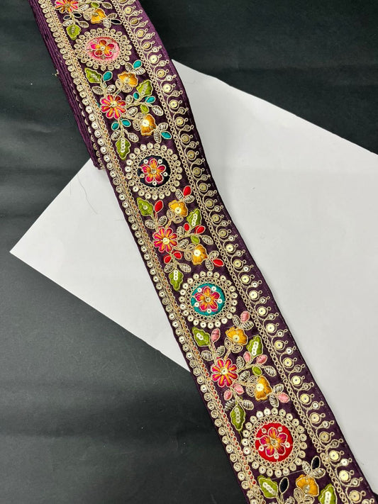 Beautiful Floral Multicoloured Sabyasachi Inspired Saree Lace – Designer Embroidered Border (9 Meter) | Wine