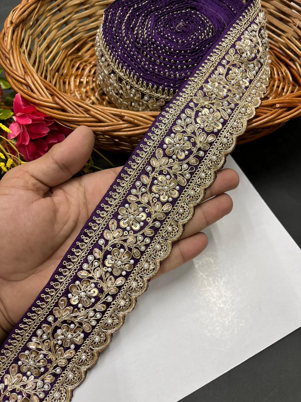 Beaded Embroidered Bridal Laces – Premium Maggam Work Borders for Sarees, Lehengas & Dupattas (9 Meter, 2.5 Inch Width) | Wine