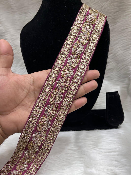 Maggam Work Lace for Saree and Dupatta | Katdana Handmade Lace – 9 Meters, 2-Inch Width | Wine