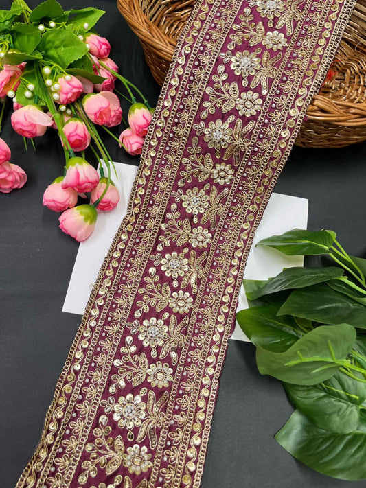 Handcrafted Exquisite Embroidered Cutdana Bridal Lehenga Border – 9 Meters, 5-Inch Maggam Work Lace | Wine
