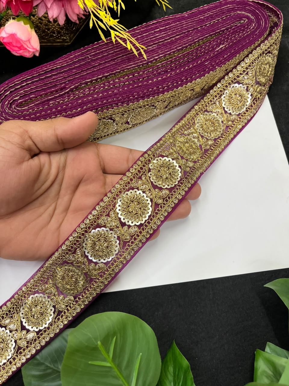 Golden Zari Embroidered Lace on Net Fabric for Sarees, Lehengas & Dupattas – Designer Embroidered Lace Border (1.5 Inch) | Wine