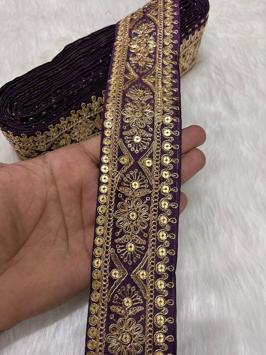 Embroidered Zari Lace – Indian Wedding Trims, Saree Border, 2 Inch Wide Lace Reel (9 Mtr) | Wine