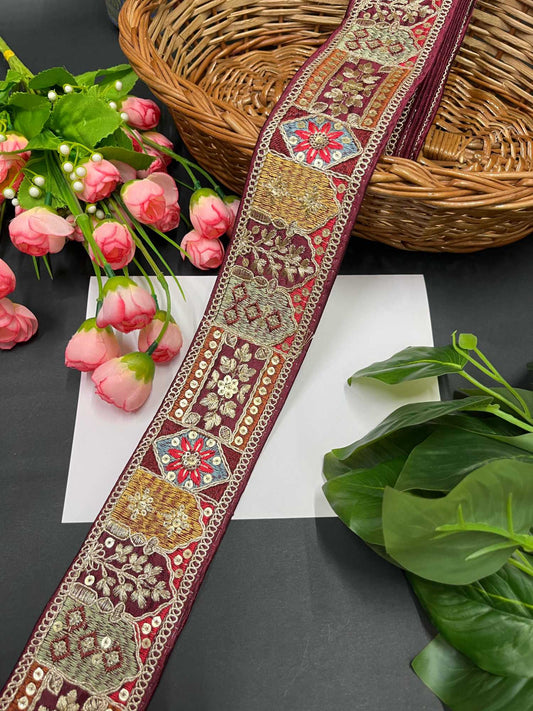 Sabyasachi Inspired Embroidered Sari Border with Zari & Sequin – 9 Meters, 2.5-Inch Designer Lace for Sarees & Lehengas | Wine
