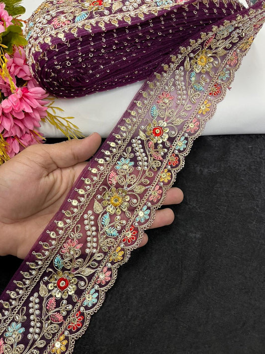 Multicoloured Flower Design Maggam Work Saree Lace – Designer Embroidered Border for Sarees, Blouses & Lehengas (3.5 Inch) | Wine
