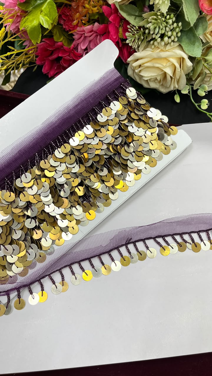 Sabyasachi Style Metal Coin Latkan Lace for Sarees, Lehengas, Dupattas & Blouses – Designer Hanging Coin Lace Border (1 Inch) | DC1070 | Wine