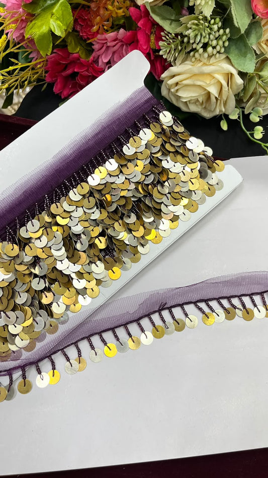 Sabyasachi Style Metal Coin Latkan Lace for Sarees, Lehengas, Dupattas & Blouses – Designer Hanging Coin Lace Border (1 Inch) | DC1070 | Wine