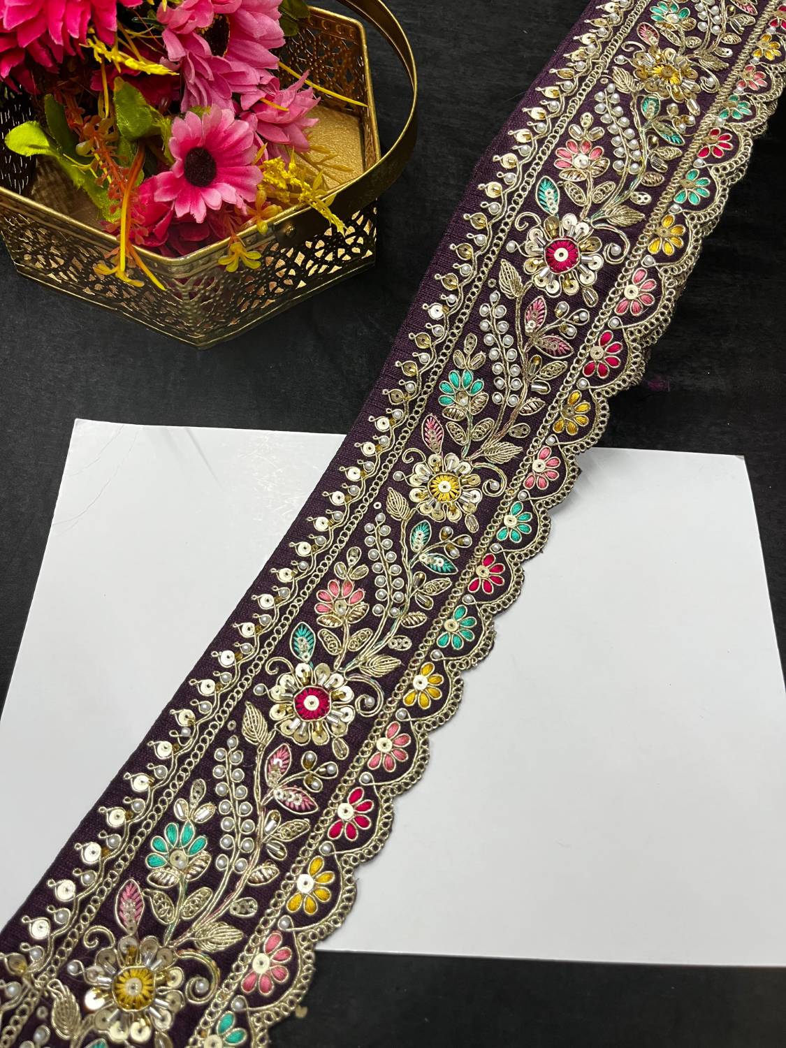 Multicoloured Sabyasachi Inspired Beaded & Katdana Work Saree Lace Border – Premium Maggam Work Trim for Bridal & Designer Wear (9 Meter, 3.5 Inch Width) | Wine