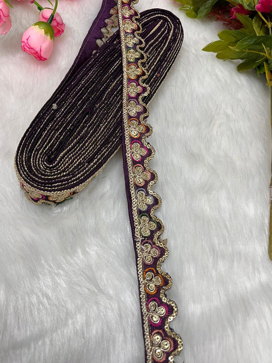 Sabyasachi-Inspired Multicoloured Designer Embroidered Trims – 9 Meter Roll, 1 Inch Wide for Crafting & Fashion | Wine