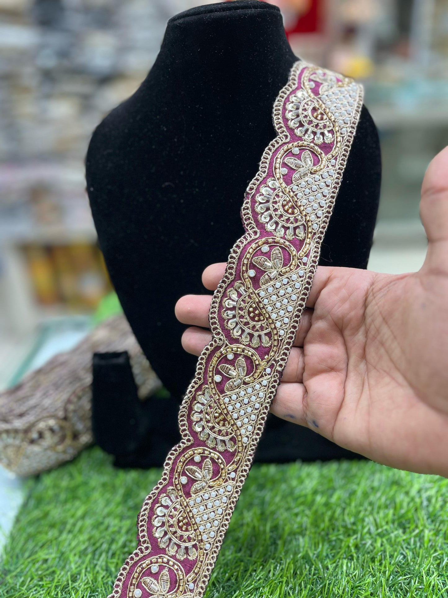 Vibrant Cutdana Beaded Embroidered Lace Border for Sarees and Dupatta – 9 Meters, 2-Inch Width | Wine