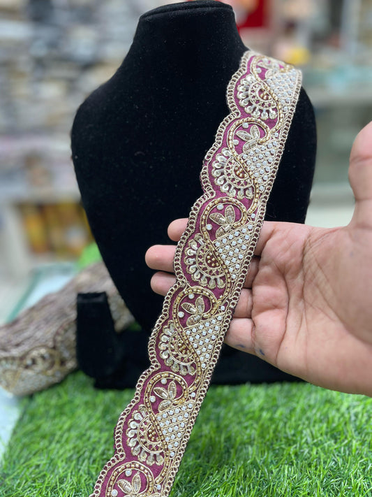 Vibrant Cutdana Beaded Embroidered Lace Border for Sarees and Dupatta – 9 Meters, 2-Inch Width | Wine