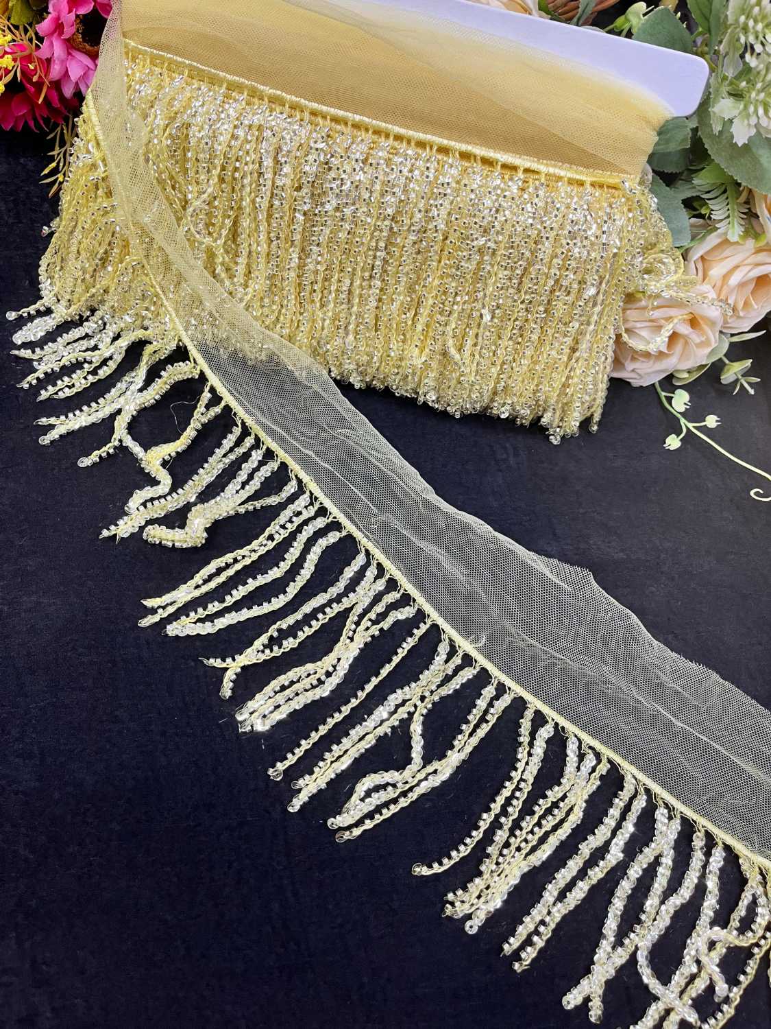 Sequence Fringe Lace | Western Imported Lace | Tassels Lace – Premium Designer Border Trim for Sarees, Lehengas & Gowns (9 Meter, 4 Inch Width) | Yellow
