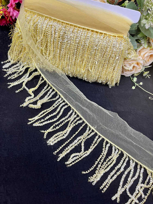 Sequence Fringe Lace | Western Imported Lace | Tassels Lace – Premium Designer Border Trim for Sarees, Lehengas & Gowns (9 Meter, 4 Inch Width) | Yellow