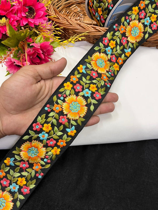 Beautiful Flower Thread Embroidered Kashmiri Lace for Sarees, Kurtis & Dresses – Designer Floral Embroidery Lace Border (3 Inch) | Yellow