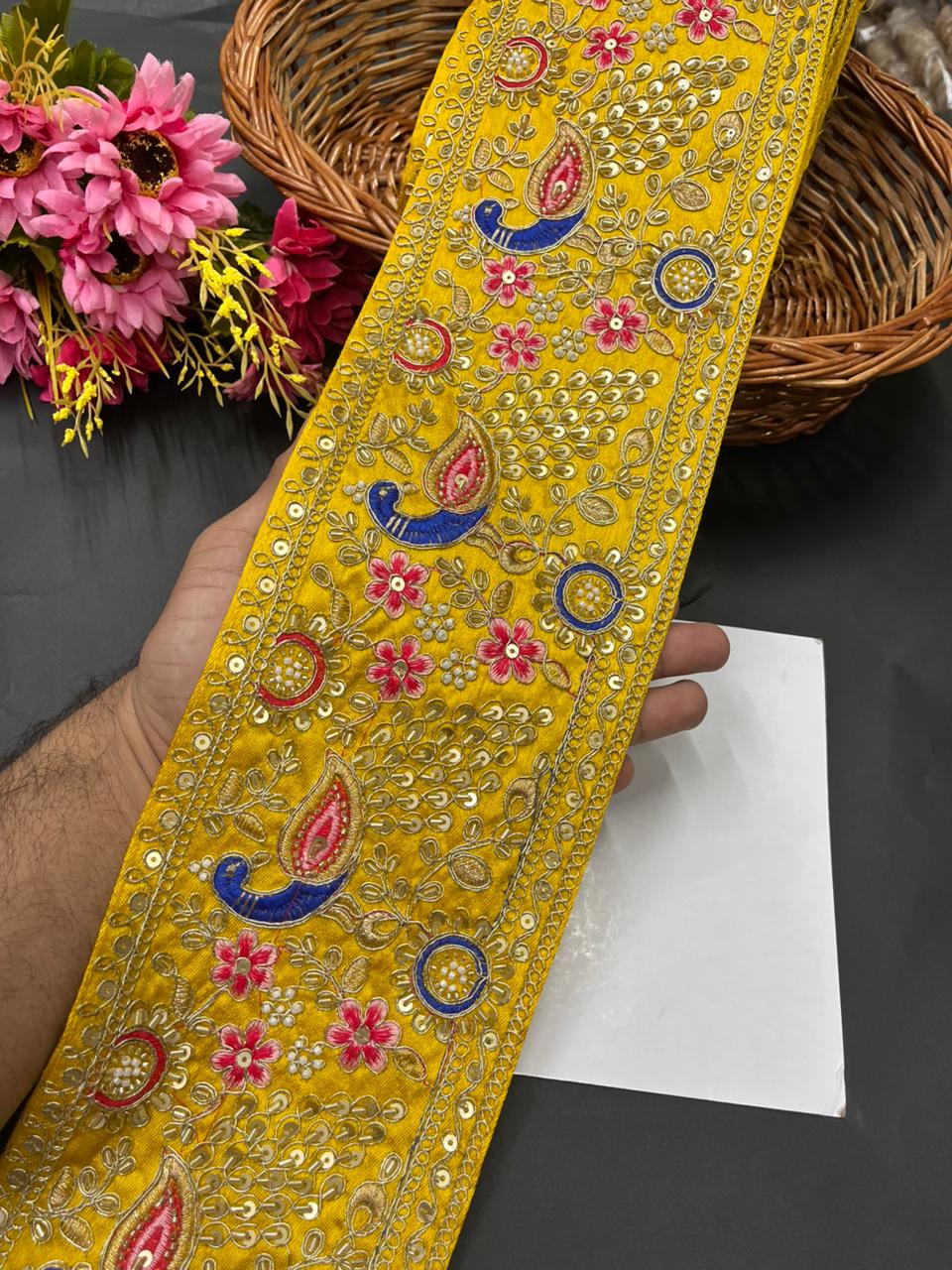 Peacock Face Bridal Lehenga Borders – Heavy Designer Embroidered Trim for Bridal Lehengas, Dupattas & Sarees (9 Meter, 5.5 Inch Width) | Yellow