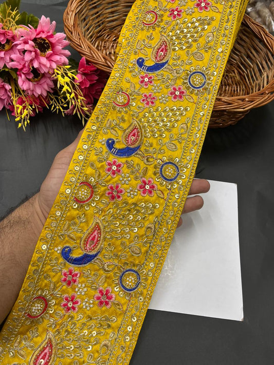 Peacock Face Bridal Lehenga Borders – Heavy Designer Embroidered Trim for Bridal Lehengas, Dupattas & Sarees (9 Meter, 5.5 Inch Width) | Yellow