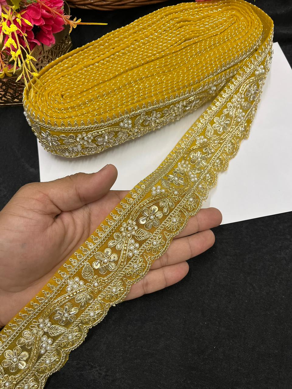 Designer Maggam Work Saree Border on Net Fabric – Handcrafted Embroidered Lace for Sarees, Blouses & Lehengas (2 Inch) | Yellow