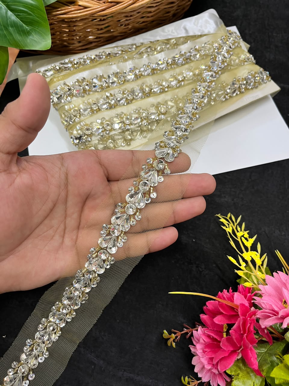 Designer Handmade Crystal Lace for Sarees, Lehengas & Dupattas – Premium Decorative Crystal Lace Border (1 Inch) | DC1012 | Yellow