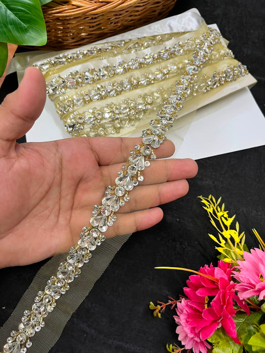 Designer Handmade Crystal Lace for Sarees, Lehengas & Dupattas – Premium Decorative Crystal Lace Border (1 Inch) | DC1012 | Yellow