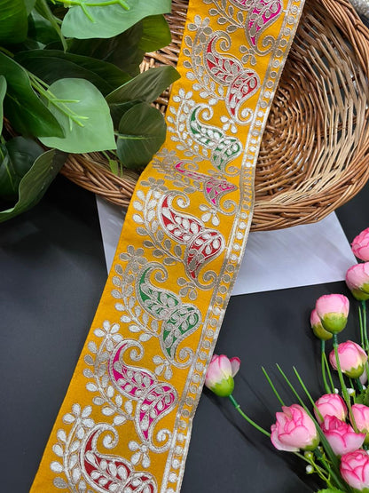 Exclusive Paisley Pure Gota Work Saree Laces – Premium Designer Border for Sarees, Lehengas & Dupattas (9 Meter, 4 Inch Width) | Yellow