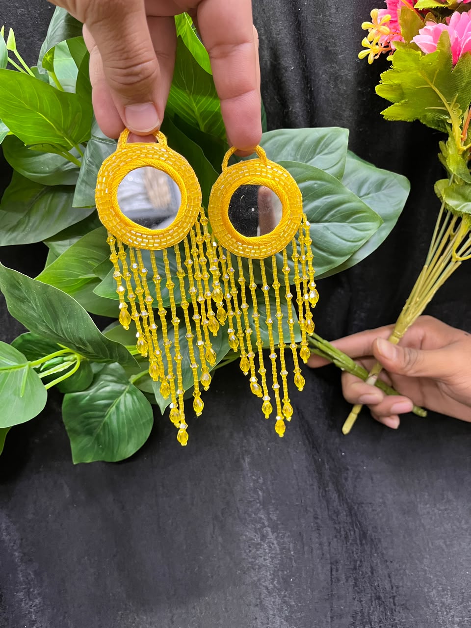 Designer Mirror Work Latkans for Blouses & Lehengas – Decorative Mirror Tassels for Ethnic Wear (6 Inch) | DC0981 | Yellow