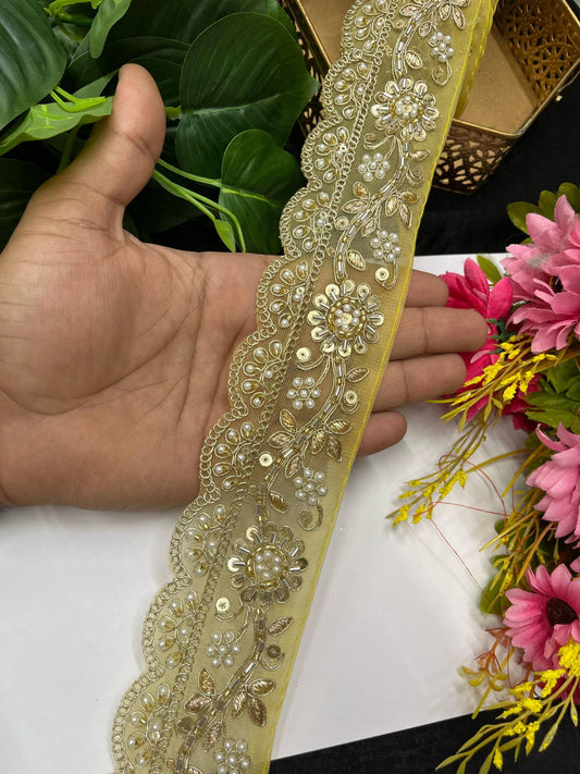Gorgeous Embroidered Pearl & Cutdana Designer Lace – 9 Meters, 2.5-Inch Maggam Work Border for Sarees & Lehengas | Yellow