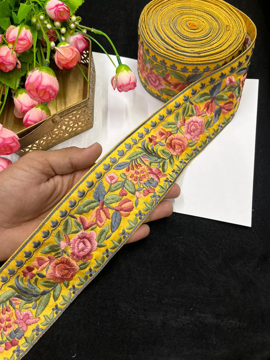 Thread Embroidery Flower Indian Lace Trim for Sarees, Kurtis & Dresses – Designer Floral Embroidered Lace Border (3 Inch) | Yellow