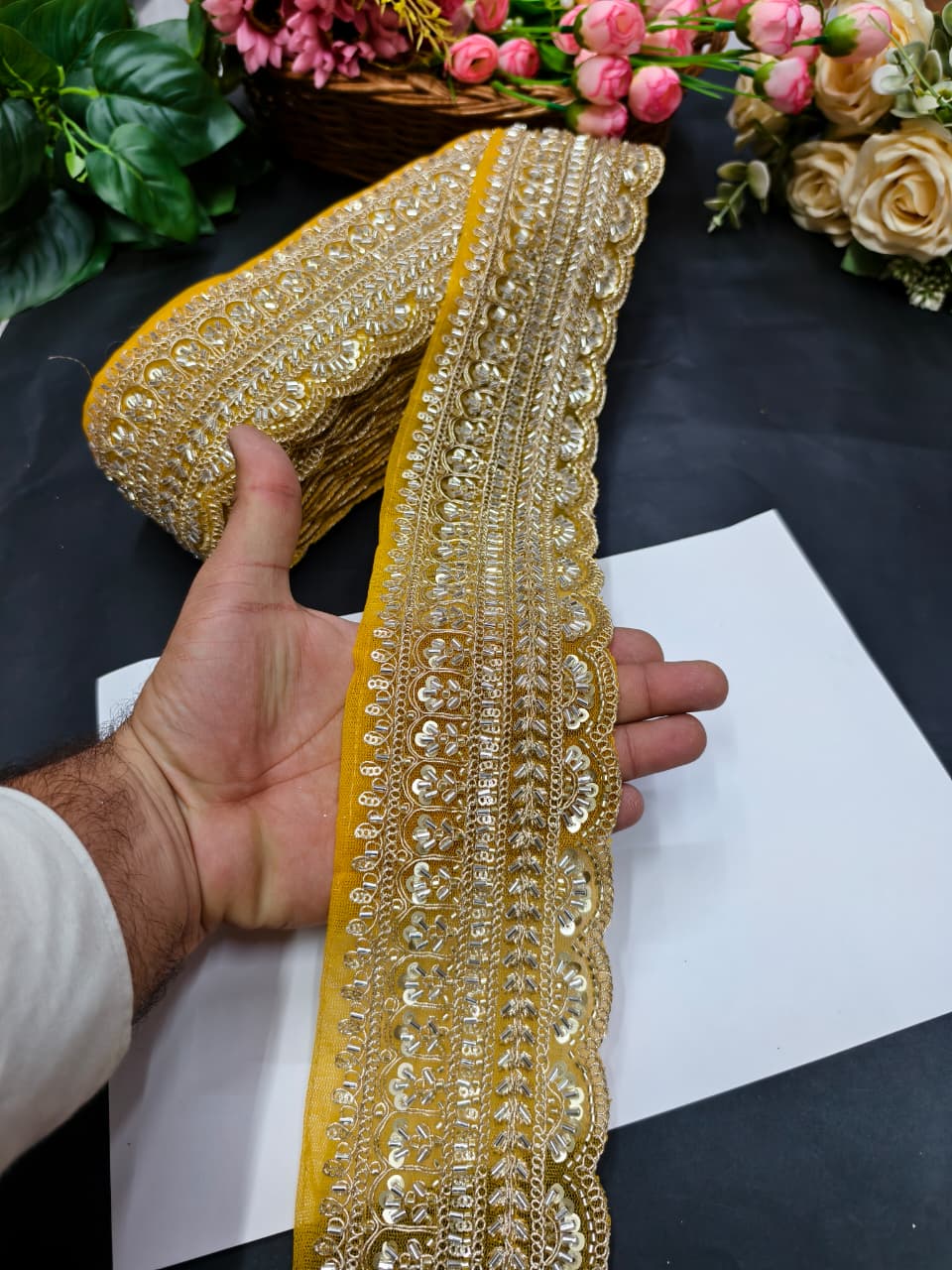 Exclusive Flower Embroidered Saree Lace Design – Premium Maggam Work Lace Border for Ethnic Wear | Yellow