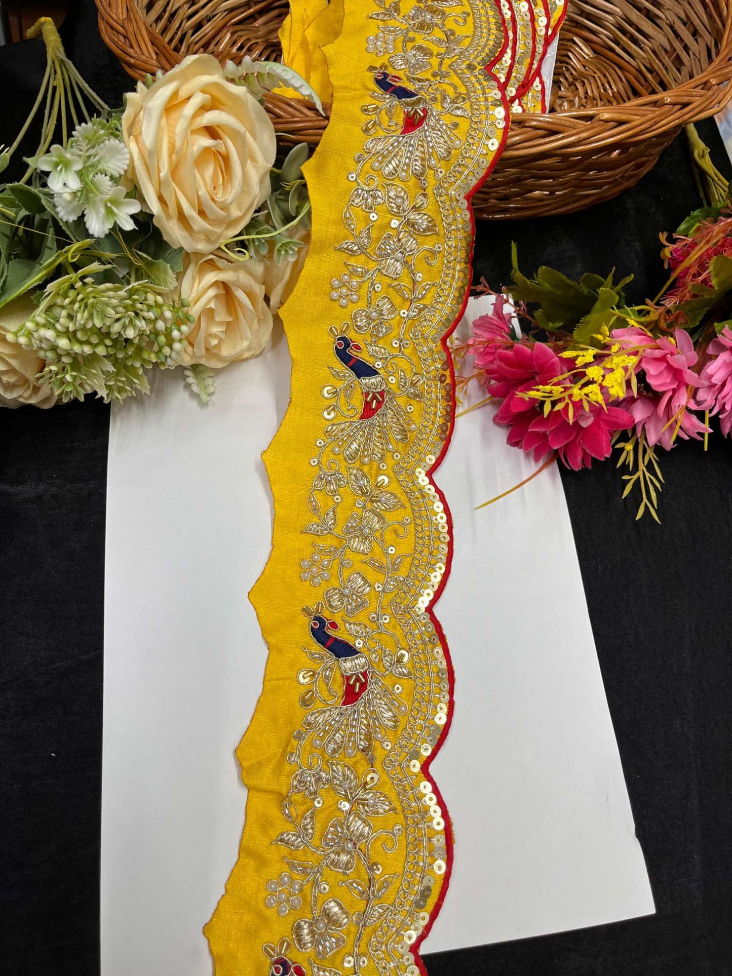 Exclusive Peacock Face Maggam Work Saree Laces – 9 Meters, 3-Inch Embroidered Border for Sarees, Lehengas & Dupattas | Yellow