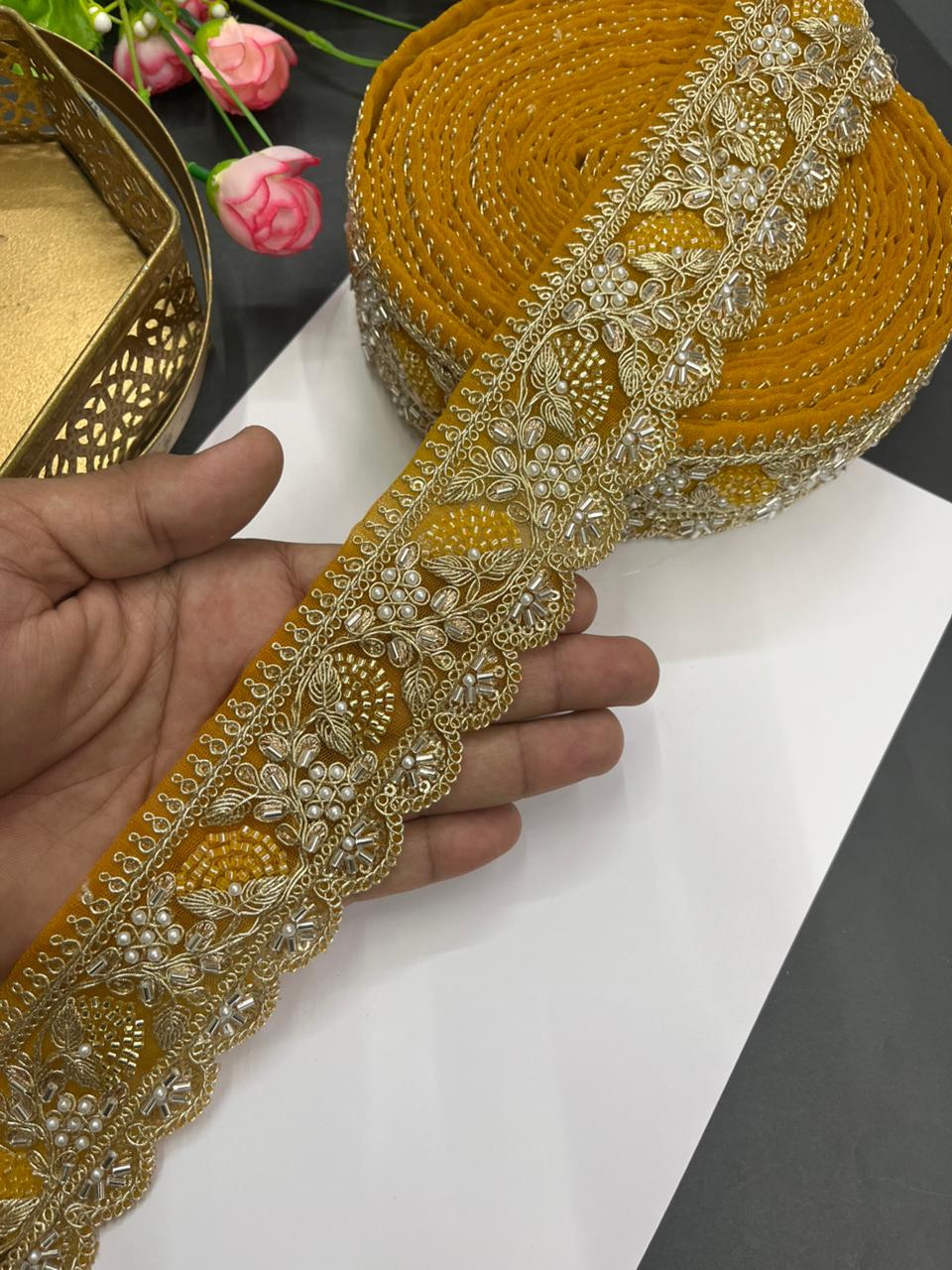 Designer Beaded Net Based Maggam Work Lace for Sarees – Premium 2 Inch Hand-Embellished Border for Lehengas & Bridal Wear (9 Meter) | Yellow