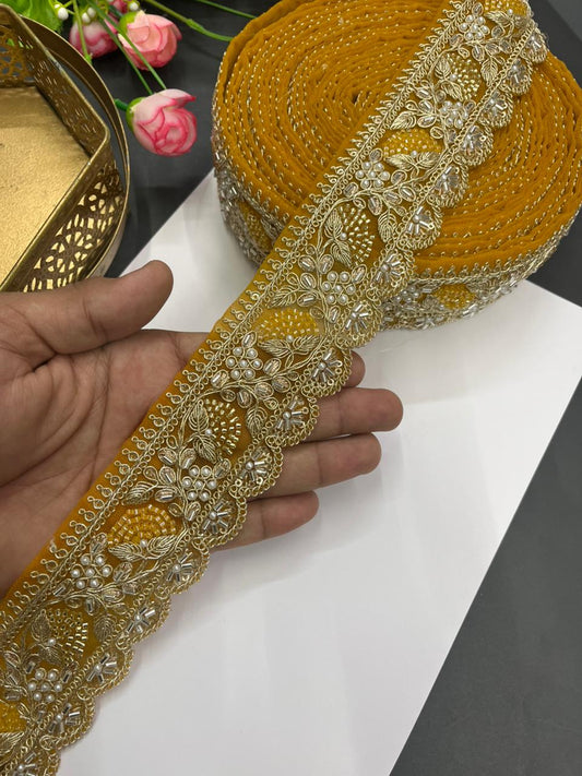 Designer Beaded Net Based Maggam Work Lace for Sarees – Premium 2 Inch Hand-Embellished Border for Lehengas & Bridal Wear (9 Meter) | Yellow